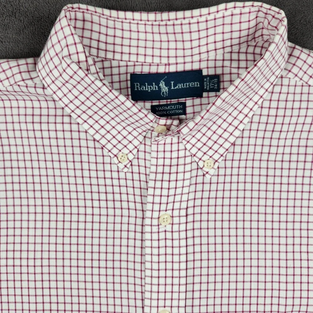 Ralph Lauren Yarmouth Shirt Mens 17.5 34/35‎ White Burgundy Check Button Down